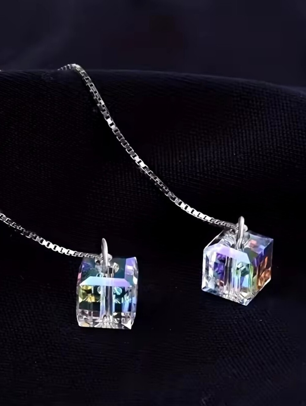 Aurora Crystal Cube Pendant Necklace - Iridescent Clear - Women Jewelry